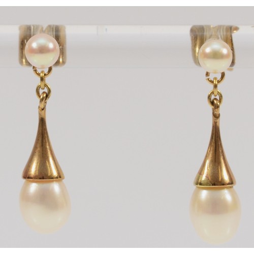 165 - A pair of 9ct gold cultured pearl drop earrings with scroll backs, 20mm drop, 2.2g