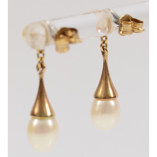 165 - A pair of 9ct gold cultured pearl drop earrings with scroll backs, 20mm drop, 2.2g