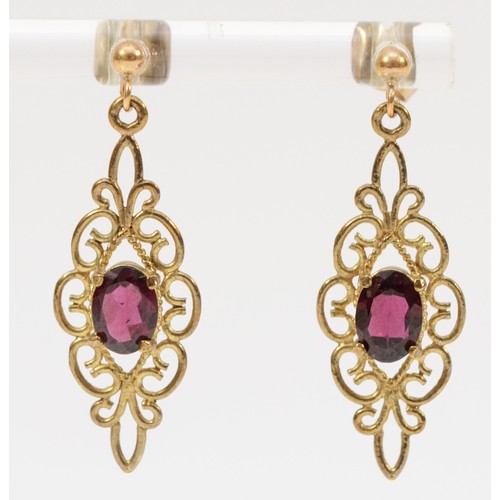 166 - A pair of 9ct gold vintage garnet drop earrings with scroll backs, 30mm drop, 2.1g