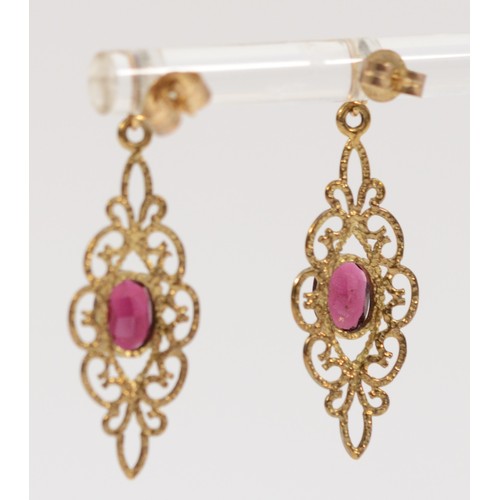 166 - A pair of 9ct gold vintage garnet drop earrings with scroll backs, 30mm drop, 2.1g