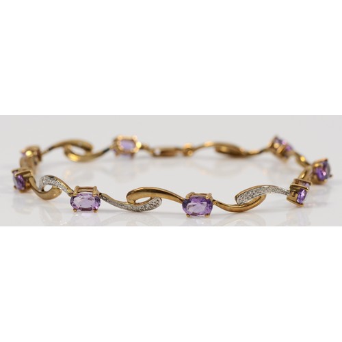 173 - A 9ct gold amethyst and diamond bracelet, 19cm, 6.2g