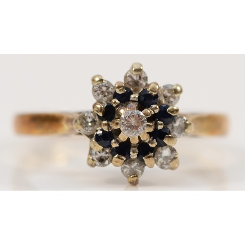 177 - A 9ct gold vintage sapphire and diamond floral cluster ring, Birmingham 1982, L, 2.6g