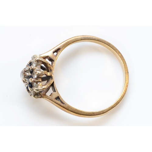 177 - A 9ct gold vintage sapphire and diamond floral cluster ring, Birmingham 1982, L, 2.6g