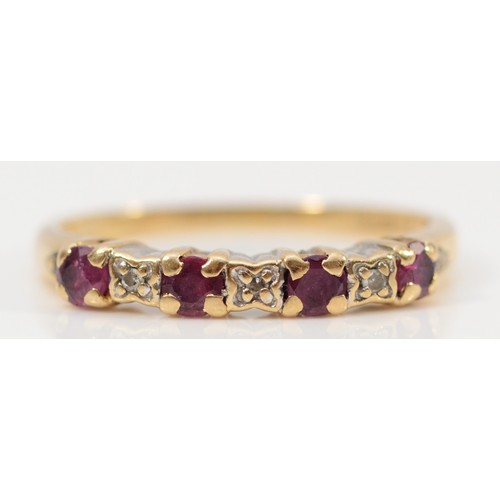 198 - A 9ct gold ruby and diamond half eternity ring, K, 1.6g