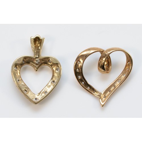 234 - Two 9ct gold diamond heart pendants, 20mm and 16mm across, 3g