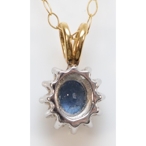 271 - A 9ct gold sapphire and diamond cluster pendant with chain, 13mm total drop, 1.2g