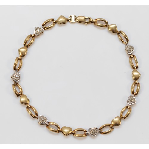 570 - A 9ct gold and diamond heart shaped link bracelet, 18cm, 3.4g