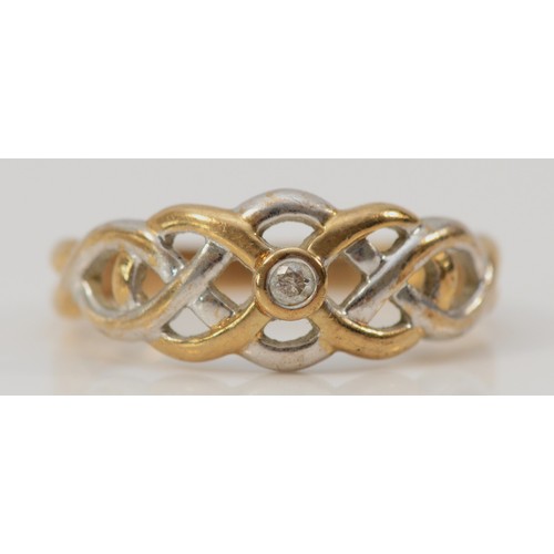 572 - A 9ct yellow and white gold woven design ring with a single brilliant cut diamond, N 1/2, 2g