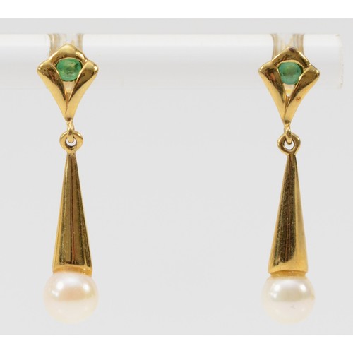 574 - A 9ct gold emerald and cultured pearl drop earrings with scroll backs, 23mm drop, 1.6g