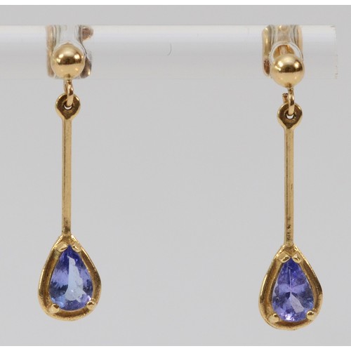 580 - A pair of 9ct gold and tanzanite drop earrings with scroll backs, 25mm drop, 1g