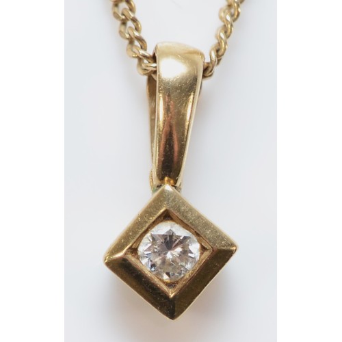 582 - A 9ct gold single brilliant cut diamond pendant, 4mm square pendant, 2.4g