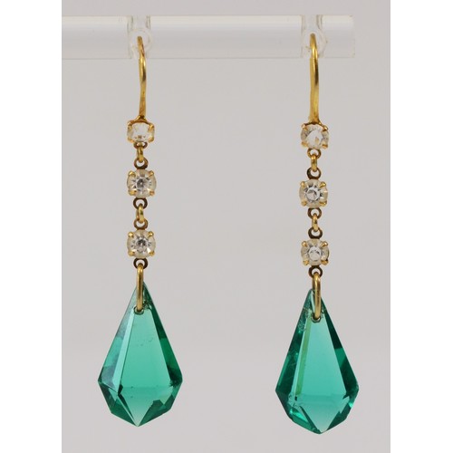 593 - A pair of 9ct gold green and white paste hook drop earrings, 35mm earring drop, 2.6g