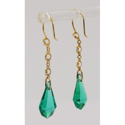 593 - A pair of 9ct gold green and white paste hook drop earrings, 35mm earring drop, 2.6g