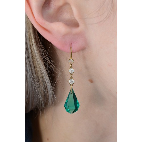 593 - A pair of 9ct gold green and white paste hook drop earrings, 35mm earring drop, 2.6g