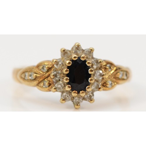 605 - A 9ct gold sapphire and diamond cluster ring, N, 3.2g