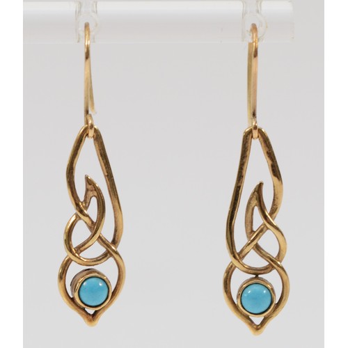 606 - A pair of 9ct gold turquoise hook drop earrings, 35mm total earring length, 2.3g