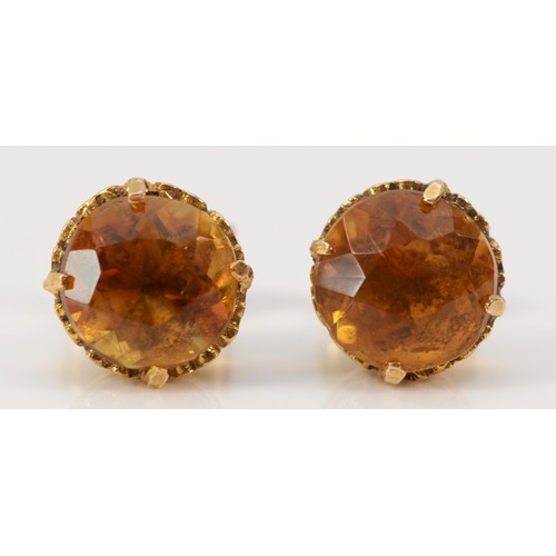 614 - A pair of 9ct gold citrine earrings with scroll backs, 7mm diameter, 1.7g