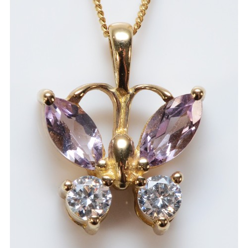 618 - A 9ct gold white gemstone and tanzanite butterfly pendant with chain, 11mm across, 1.8g