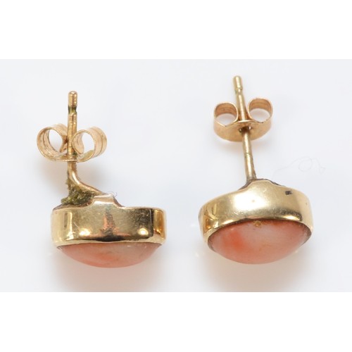 620 - A pair of 9ct gold coral earrings with scroll backs, 8mm, 1.8g