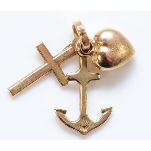 630 - A 14K gold love, faith and charity charm, 15mm total length, 0.9g