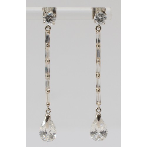 631 - A pair of 14K white gold cubic zirconia drop earrings, 50mm total length, 3.9g