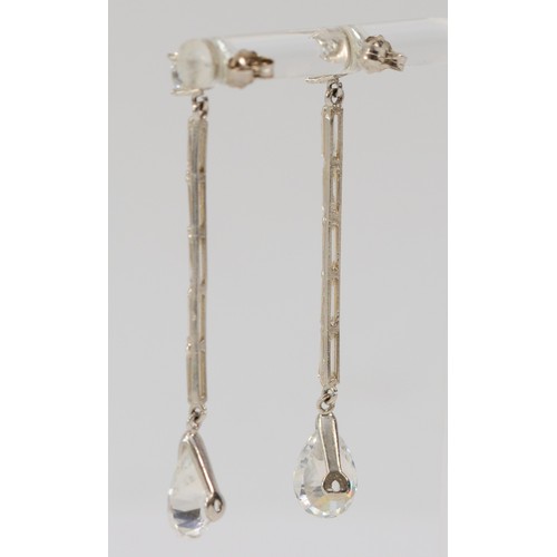 631 - A pair of 14K white gold cubic zirconia drop earrings, 50mm total length, 3.9g