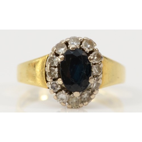 632 - An 18ct gold sapphire and diamond cluster ring, single cut diamonds, J 1/2, 4.4g