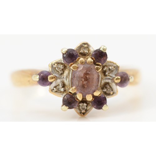 638 - A 9ct gold vintage amethyst and diamond dress ring, 10mm ring front, K 1/2, 2.5g