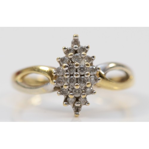 654 - A 9ct gold pave set brilliant cut diamond cluster dress ring, K 1/2, 2.6g