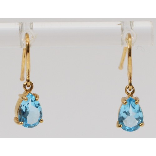 655 - A pair of 9ct gold pear cut blue topaz drop earrings with hooks, 6mm topaz length, 1.4g