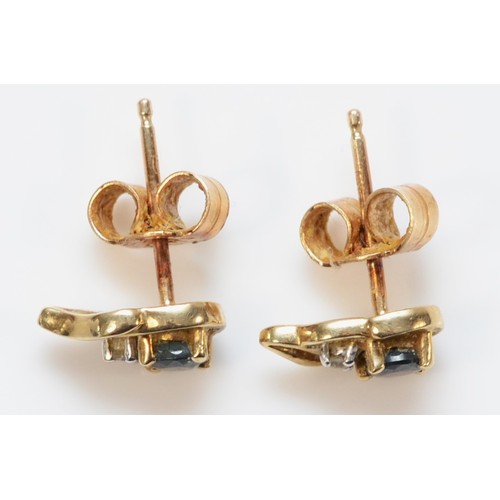 670 - A pair of 9ct gold sapphire and diamond earrings with scroll backs, 10mm total length, 1g