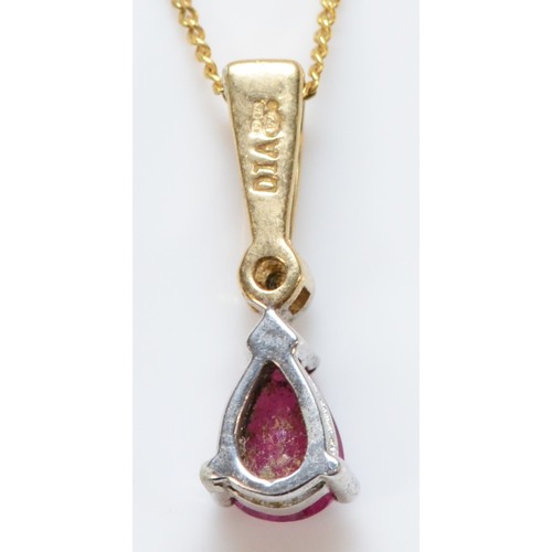 674 - A 9ct gold ruby and diamond pendant with chain, 15mm total pendant length, 1.4g