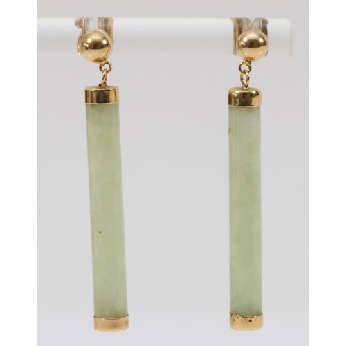 676 - A pair of 9ct gold jade drop earrings, 35mm total drop, 3.1g