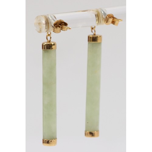 676 - A pair of 9ct gold jade drop earrings, 35mm total drop, 3.1g