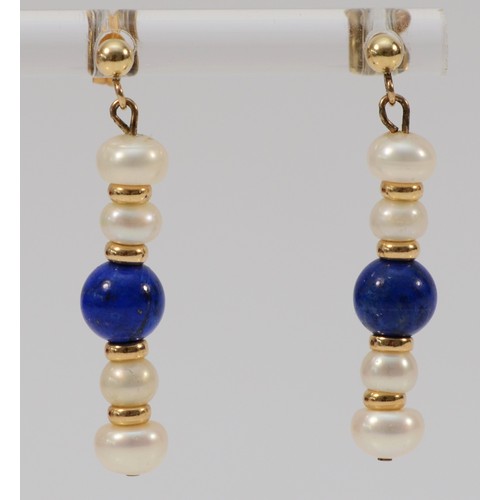 678 - A pair of 9ct gold lapis lazuli and cultured pearl drop earrings with scroll backs, 30mm total drop,... 