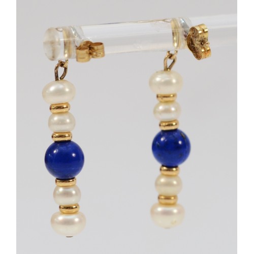 678 - A pair of 9ct gold lapis lazuli and cultured pearl drop earrings with scroll backs, 30mm total drop,... 