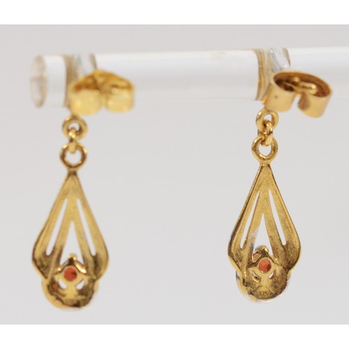 679 - A pair of 9ct gold garnet and diamond drop earrings with scroll backs, 22mm total drop, 1.2g