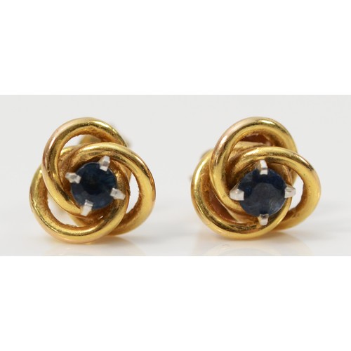 680 - A pair of 9ct gold and sapphire knot earrings with scroll backs, 7mm, 1.7g