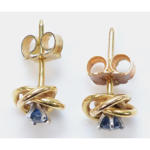 680 - A pair of 9ct gold and sapphire knot earrings with scroll backs, 7mm, 1.7g