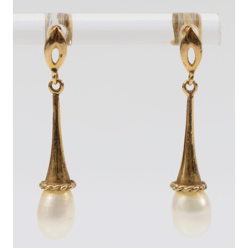 681 - A pair of 9ct gold and cultured pearl drop earrings with scroll backs, 32mm total drop, 2.3g