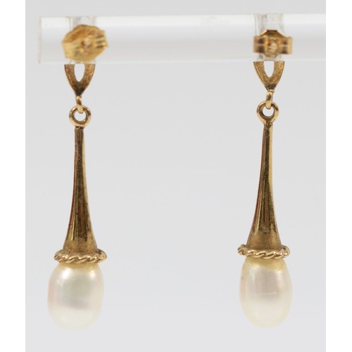 681 - A pair of 9ct gold and cultured pearl drop earrings with scroll backs, 32mm total drop, 2.3g