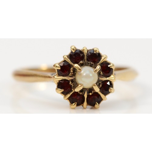 683 - A 9ct gold seed pearl and garnet cluster ring, Birmingham 1975, N, 1.9g