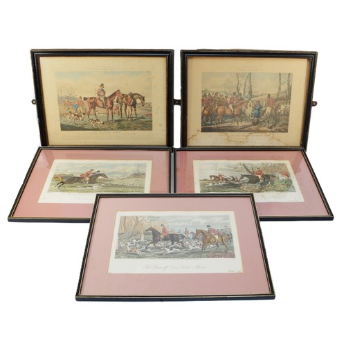 7 - Five framed engravings, depicting hunting scenes, to include, two examples painted by Henry Alken an... 