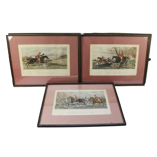 7 - Five framed engravings, depicting hunting scenes, to include, two examples painted by Henry Alken an... 