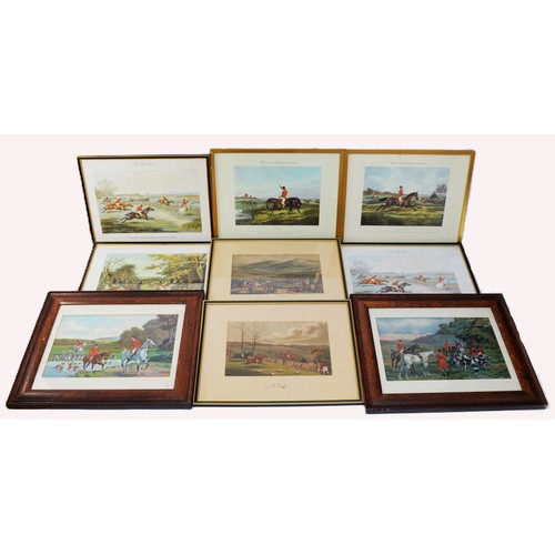 8 - Nine framed prints and engravings, depicting English hunting scenes, to include, a drawing and engra... 