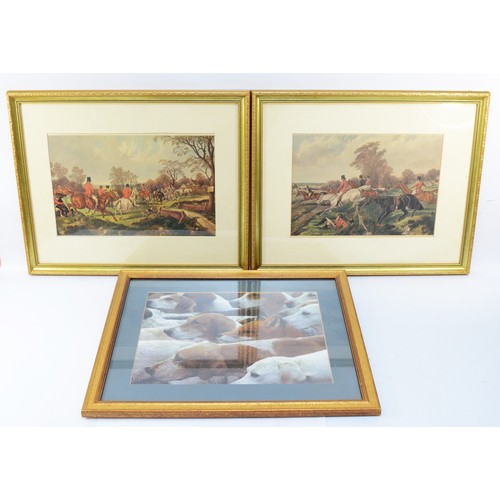 9 - Sixteen framed prints and engravings, depicting English hunting scenes, to include, an example paint... 