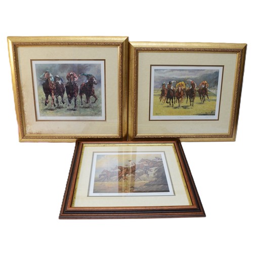 52 - Margaret Barrett; Three large limited edition framed prints, depicting horse-racing scenes, to inclu... 