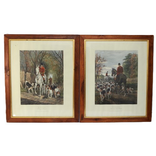 19 - A pair of large, framed engravings, depicting an English hunt at morning and at night, painted by EA... 