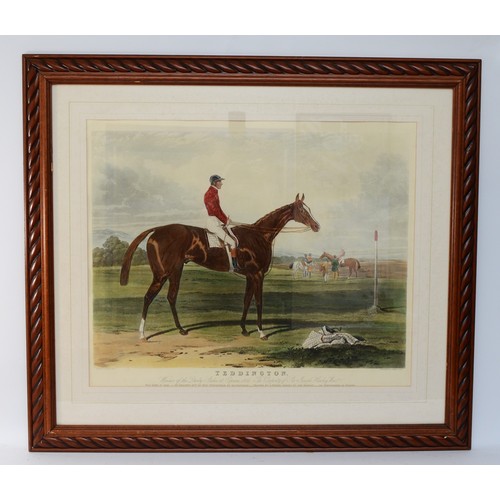 57 - A large, framed engraving of the horse Teddington, winner of the Derby Stakes, Epsom, 1851, painted ... 