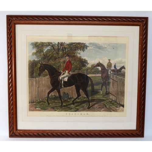 60 - A large, framed engraving of the racehorse, Beadsman, Winner of the Derby Stakes, Epsom, 1858, paint... 